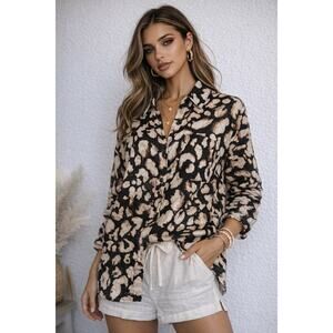 H&M 100% Linen Leopard Print Button Shirt Large Oversized Neutral Animal Print